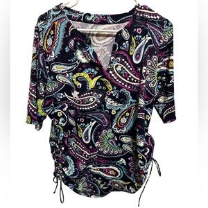 Lands’ End Paisley Short Sleeve Ruched Tie Sides Swim Top Shirt Sz L/P 14-16
